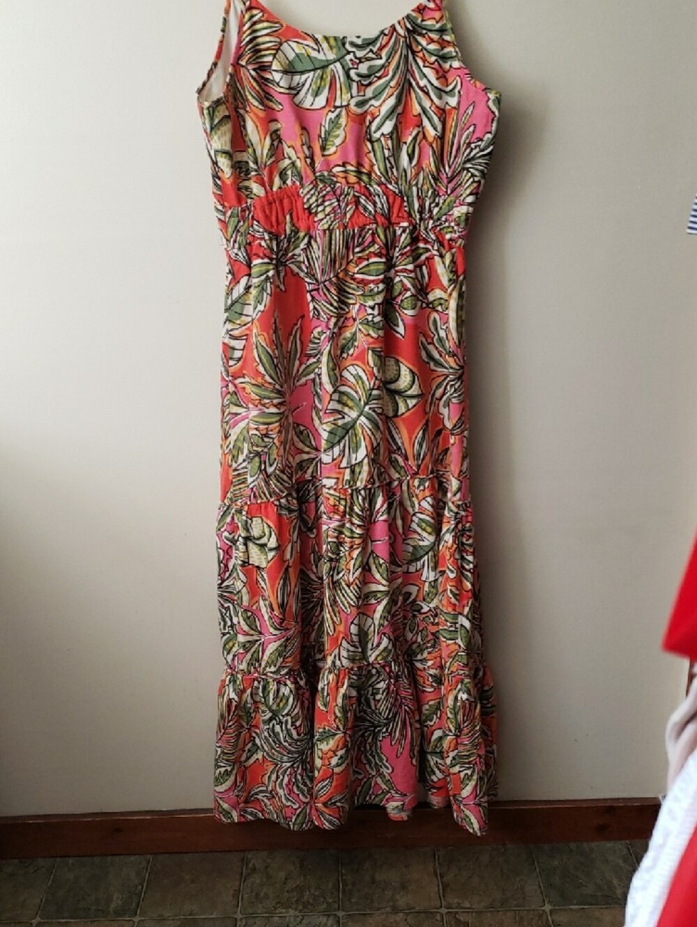 C&C California Pink & Orange Tropical Print Maxi Tiered Linen Blend Dress- L - Picture 7 of 13